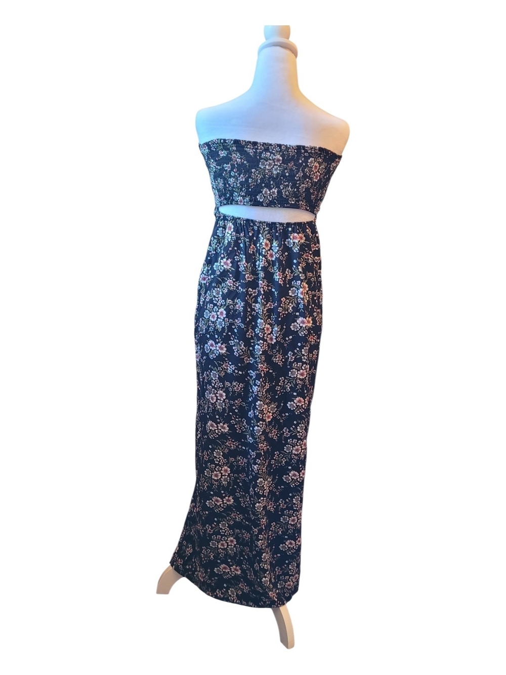 Navy Floral Strapless Open Back Maxi Dress